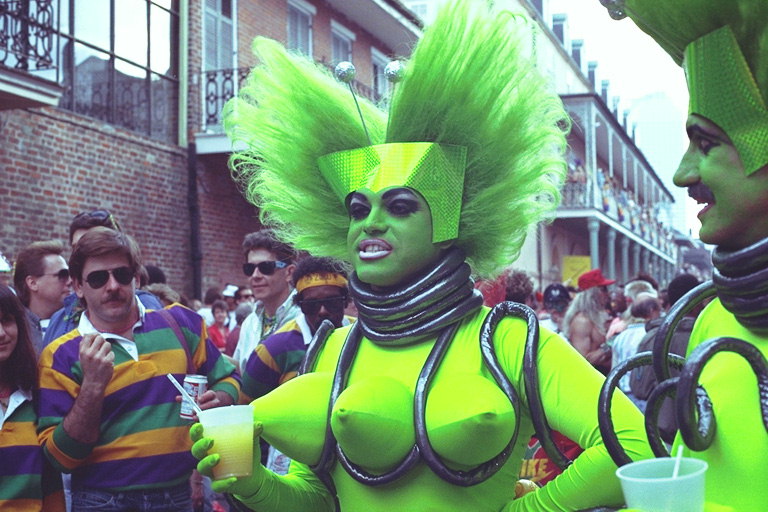 Una mujer en un traje verde claro brillante