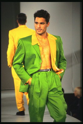 Bright light green suit with a yellow jacket