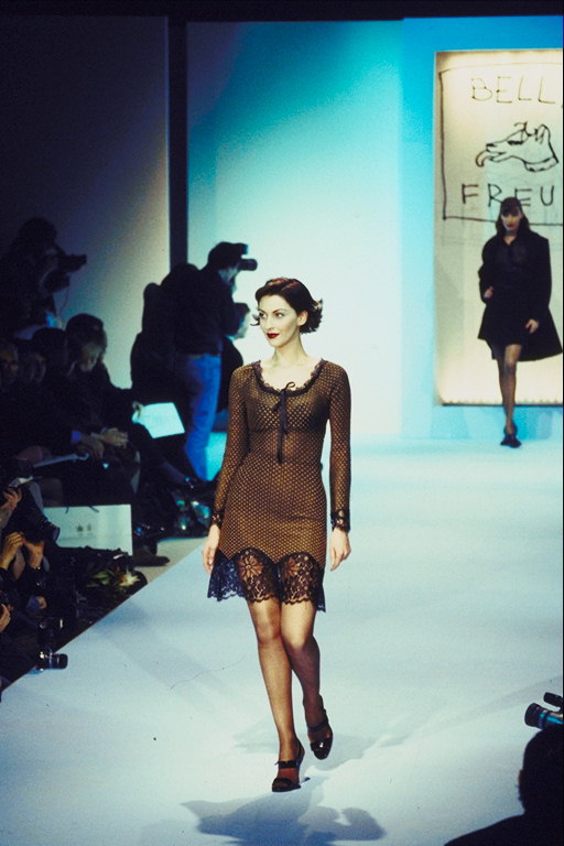 Brown dress with black lace trim