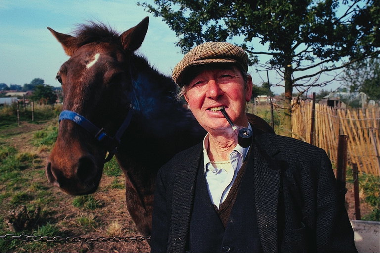 Възрастен мъж, с тръби и кон