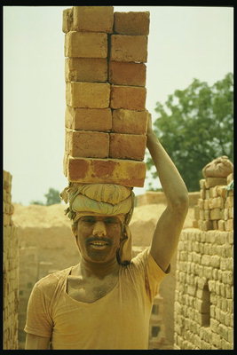 Seorang pria dengan sebuah batu bata di kepalanya