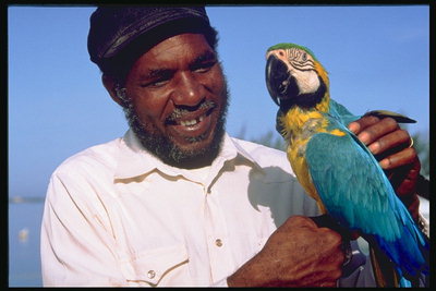 A férfi és a papagáj. A kék és sárga szárnya hasa madár