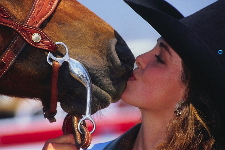 Девушка целует лошадь 