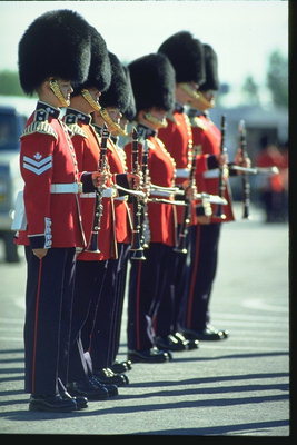 De soldaten in rode uniformen en bontmutsen