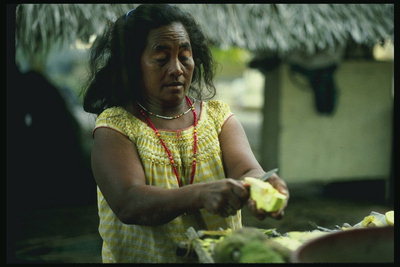 A woman prepares a dish of fruit