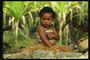 افريقيا. فتاة في تنورة مع النباتات. مجعد الشعر الطفل