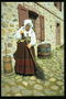 Пожилая женщина в белой блузе и чепчике с метлой в руках