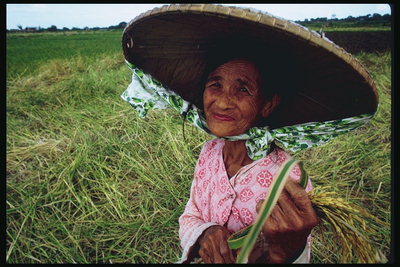 Uma mulher idosa em um grande chapéu de palha seca galhos em suas mãos