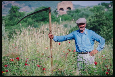 Мужчина с косой среди травы и полевых цветов