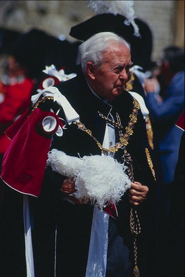 Мужчина в парадном костюме. Шляпа с перьями в руках