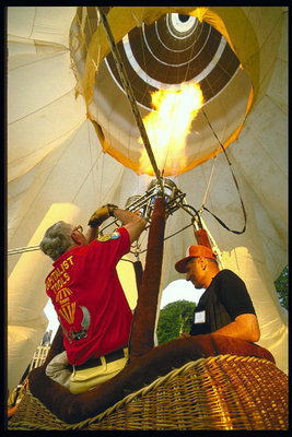 Preparing the balloon for flight. Heating the warm air