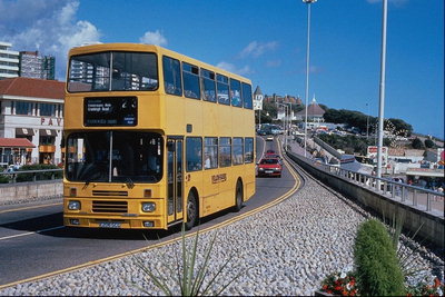 Жёлтый автобус подвозит туристов в развлекательный комплекс возле южного берега моря 
