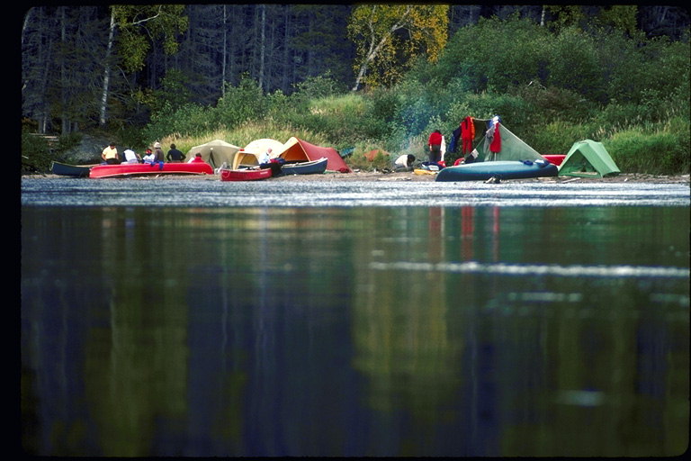 캠프장 사람 좋아해과 카누를 위해 강물에