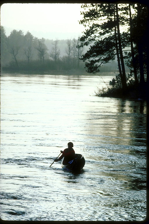 Одинокий гребец на каноэ нарушает тишину и поверхностную гладь реки