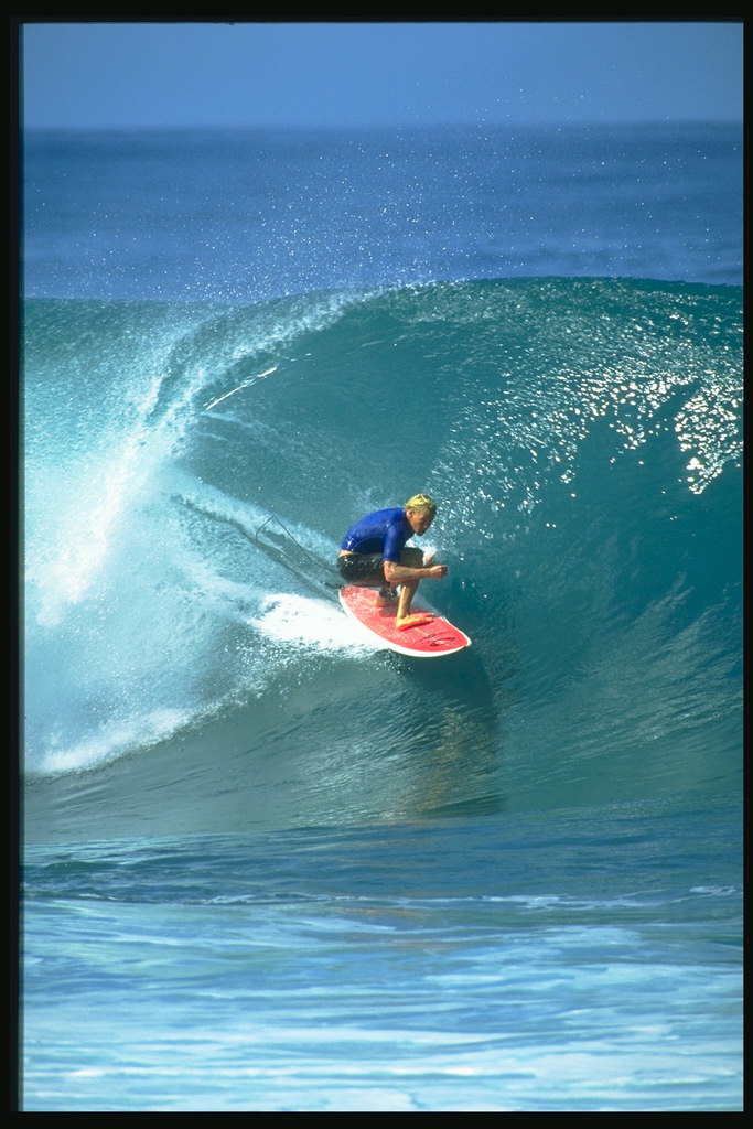 บอร์ดสีแดงที่ตัดน้ำสีฟ้าที่ผ่าน surfer คลื่น