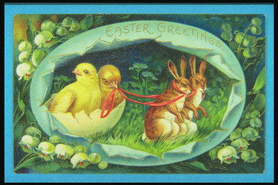 पोस्टकार्ड. खोल में मुर्गियों-वैगन. खरगोशों लड़कियों लाया