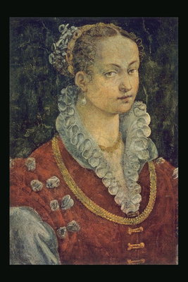 Portrett av en jente i en kjole med høy krage