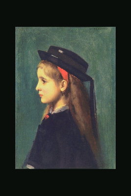 Дівчинка в чорній капелюшку з червоною стрічкою