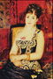 Жінка в темному платті з вишивкою золотом. Прикраса з рубінами