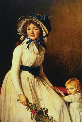 O femeie într-o pălărie cu o panglică albastră şi un buchet de flori. De fetita cu parul blond