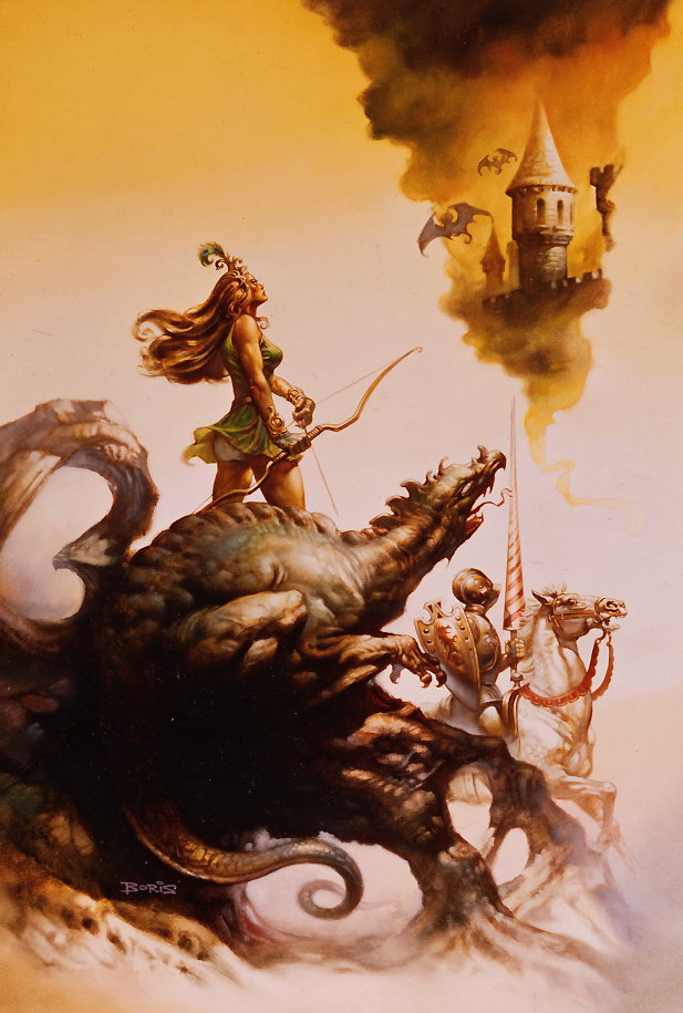 Дівчина з цибулею в руках біля дракона. Палахкотючий місто в небесах