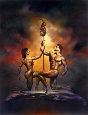 Bărbat şi femeie, cu sceptru de foc pe fondul pe cer