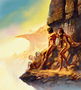 Дівчина і юнак ховаються від человекообразних мавп на скеля скелі