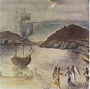 Картина корабля на морі з горами