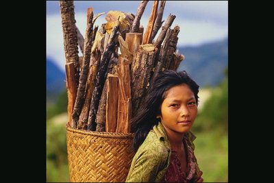 Fata cu un coş de lemn de foc